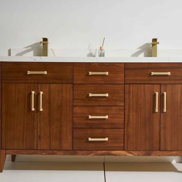 Cali 60D” Freestanding Vanity with Ebony Stain and Calacatte White Counter top with Double Sink