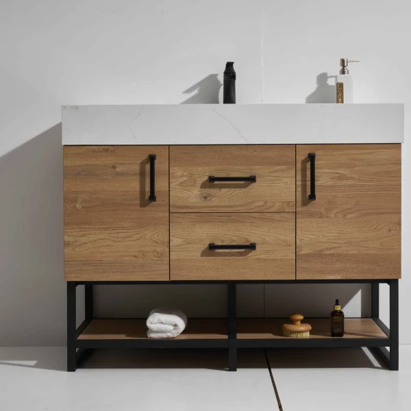 Freeze 42" Freestanding Vanity with Melamine Oak and Calacatte White Counter top with Single Sink