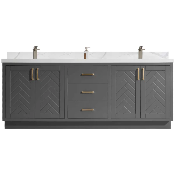 Galay  84" Freestanding Vanity with Seven Grey and Calacatte White Counter top with Double Sink