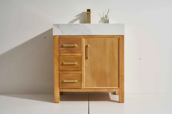 Milos 30" Freestanding Vanity with Natural Stain and Calacatte White Counter top with Single Sink