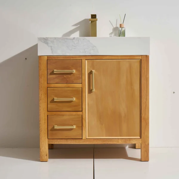 Milos 30" Freestanding Vanity with Natural Stain and Calacatte White Counter top with Single Sink