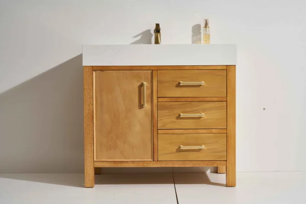 Milos 36" Freestanding Vanity with Natural Stain and Calacatte White Counter top with Single Sink