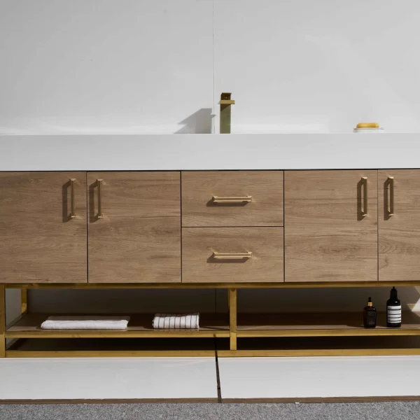 Mimosa 72D" Freestanding Vanity with Melamine Oak and Calacatte White Counter top with Double Sink