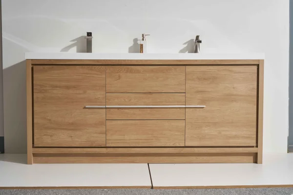 Madison 70D" Freestanding Vanity with Melamine Oak and White Counter top with Double Sink