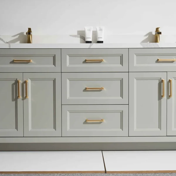 Rio 60D” Freestanding Vanity with Light Grey and Calacatte White Counter top with Double Sink