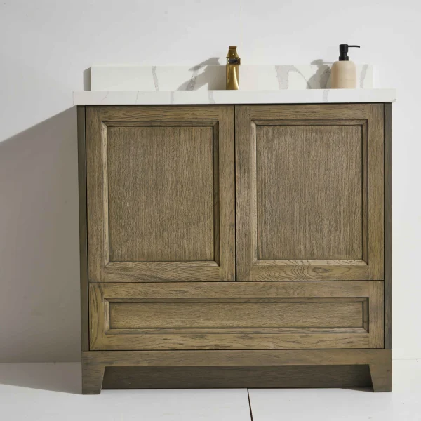 Roma 36” Freestanding Vanity with Oak Stain and Calacatte White Counter top with Single Sink