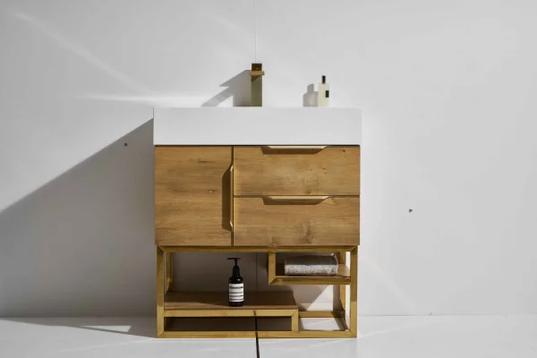 Sunny 30" Freestanding Vanity with Melamine Oak and Calacatte White Counter top with Single Sink
