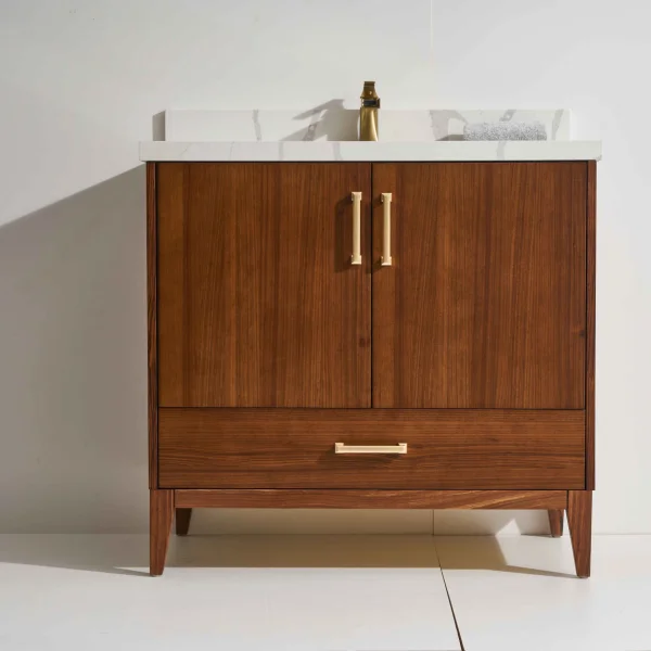 Cali 36” Freestanding Vanity with Ebony Stain and Calacatte White Counter top with Single Sink