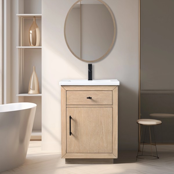 24" Single Sink Bathroom Vanity in Light Wheat with Ceramic Top