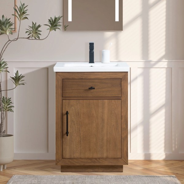 24" Single Sink Bathroom Vanity in Tan with Ceramic Top