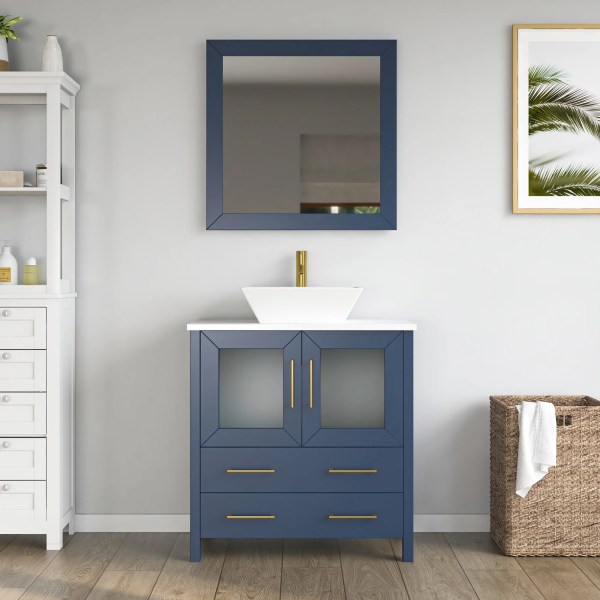 30" Bathroom Vanity with White Engineered Marble Top and Mirrors CVC30