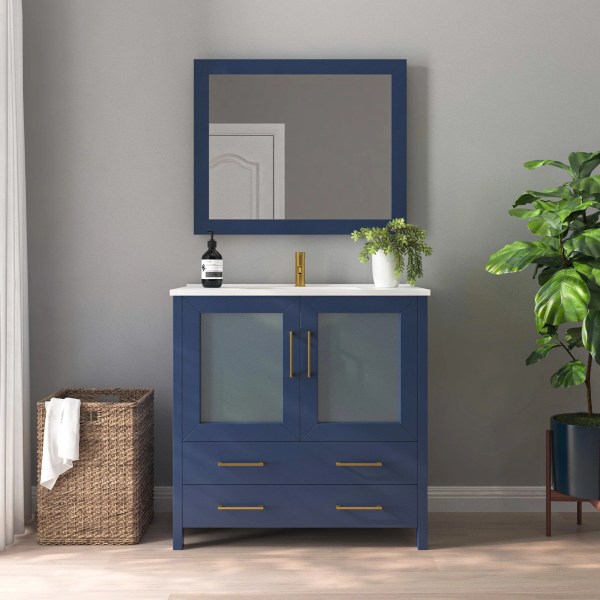 36" Bathroom Vanity with White Ceramic Top and Mirrors CVB36
