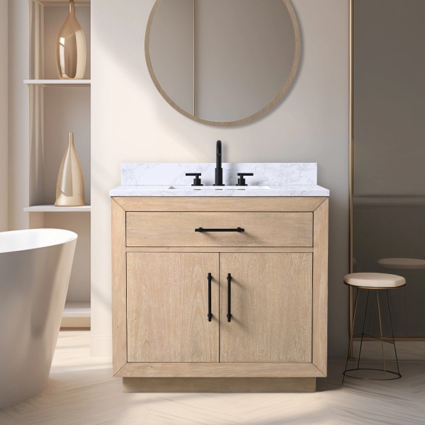 36" Single Sink Bathroom Vanity in Light Wheat with White Engineered Marble Top or Black Limestone Top