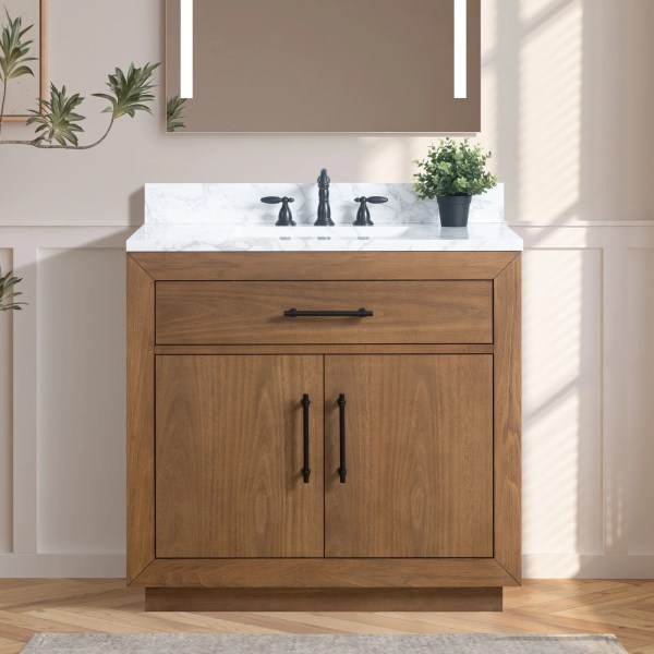 36" Single Sink Bathroom Vanity in Tan with White Engineered Marble Top or Black Limestone Top