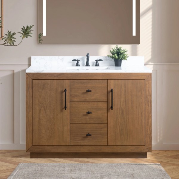 48" Single Sink Bathroom Vanity in Tan with White Engineered Marble Top or Black Limestone Top