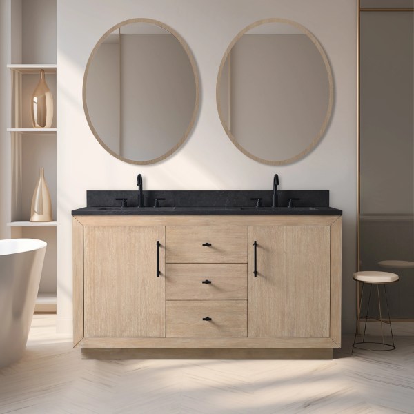60" Double Sink Bathroom Vanity in Light Wheat with White Engineered Marble Top or Black Limestone Top