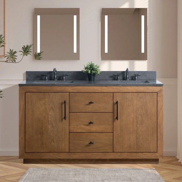 60" Double Sink Bathroom Vanity in Tan with White Engineered Marble Top or Black Limestone Top