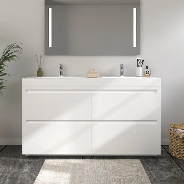 60" Double Sink Bathroom Vanity Top in White Resin CVF60DWF