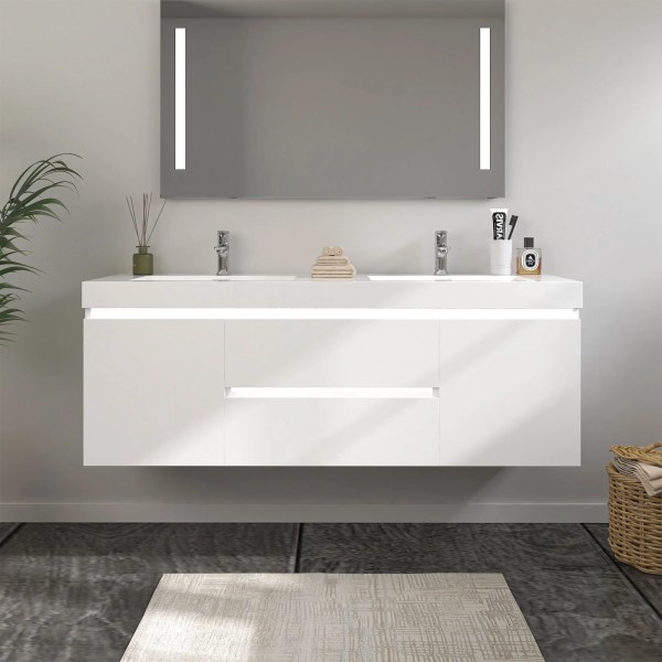 60" Double Sink Bathroom Wall Hung Vanity Top in White Resin CVF60DW