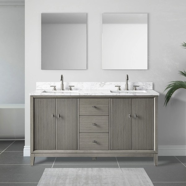60" Double Sink Freestanding Bathroom Vanity Cabinet with Marble Top