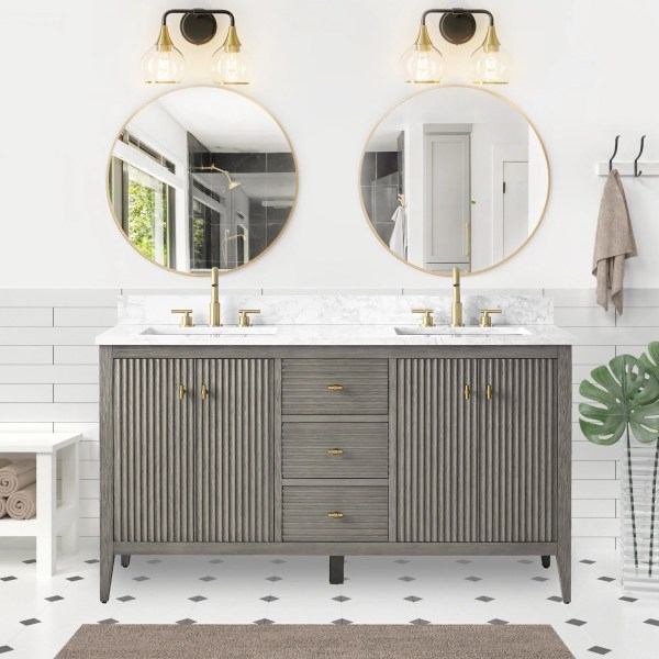 60" Double Sink Freestanding Bathroom Vanity With Assembled Sink with Golden Brushed Handle CVL60D-GB