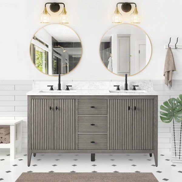 60" Double Sink Freestanding Bathroom Vanity With Assembled Sink with Matte Black Handle CVL60D-MB