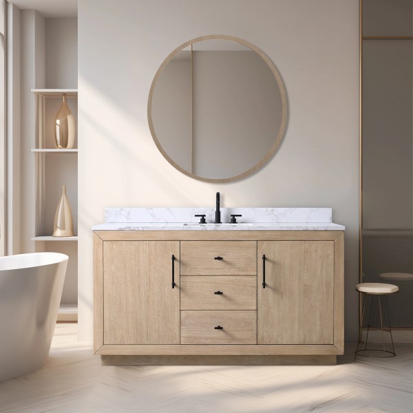 60" Single Sink Bathroom Vanity in Light Wheat with White Engineered Marble Top or Black Limestone Top