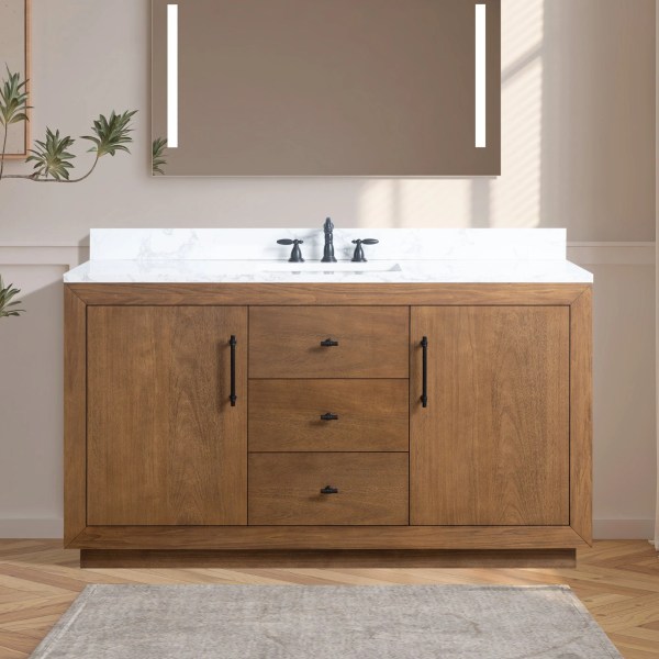 60" Single Sink Bathroom Vanity in Tan with White Engineered Marble Top or Black Limestone Top