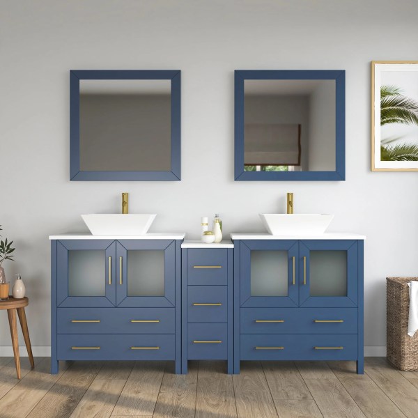 72" Bathroom Vanity with White Engineered Marble Top and Mirrors CVC30-72