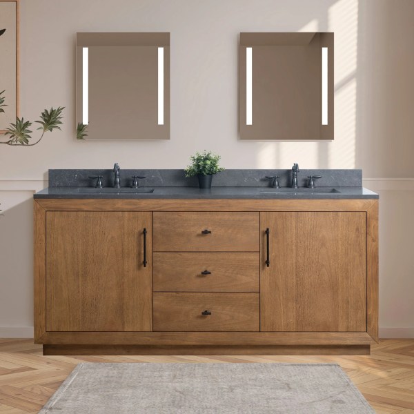 72" Double Sink Bathroom Vanity in Tan with White Engineered Marble Top or Black Limestone Top