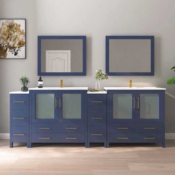 96" Bathroom Vanity with White Ceramic Top and Mirrors CVB36-96