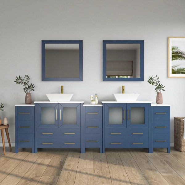 96" Bathroom Vanity with White Engineered Marble Top and Mirrors CVC30-96